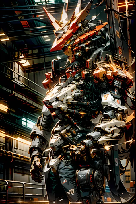 armored battle mech, black and red, fox features, hangar background