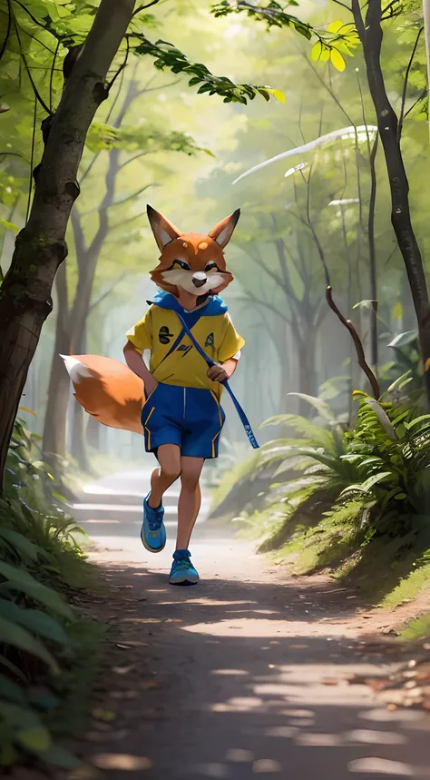 Theres a boy running around with a fox on a leash, the furry fursuit is running, anthropomorphic fox, uma raposa antro, an anthropomorphic fox, Nick Wilde, Zootopia, Nick Wilde, Correndo livremente, personagem peludo, peludos usando caudas, tonic the fox, ...