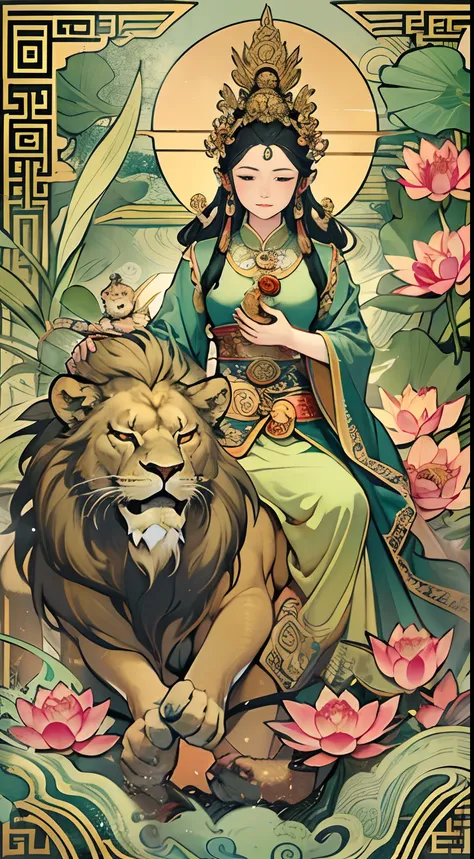 an ancient Chinese goddess, guanyin of the southern seas, Guanyin, Inspired by India, Avalokiteshvara rides a lion，,Serene expression,shui mo hua,Buddha,Buddhist,Lotus,Chinese painting style,Thangka style