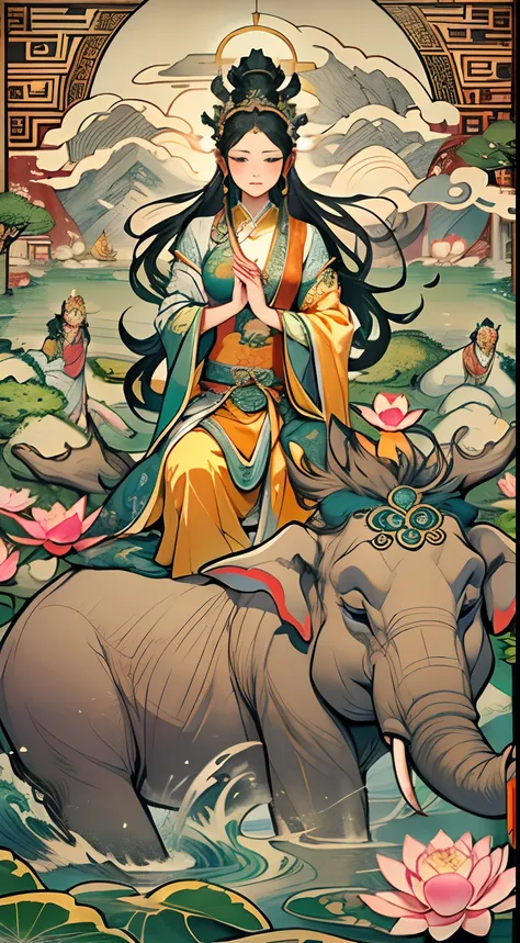 an ancient Chinese goddess, guanyin of the southern seas, Guanyin, Inspired by India, Avalokiteshvara rides an elephant，,Serene expression,shui mo hua,Buddha,Buddhist,Lotus,Chinese painting style,Thangka style