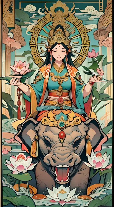 an ancient Chinese goddess, guanyin of the southern seas, Guanyin, Inspired by India, Avalokiteshvara rides an elephant，,Serene expression,shui mo hua,Buddha,Buddhist,Lotus,Chinese painting style,Thangka style