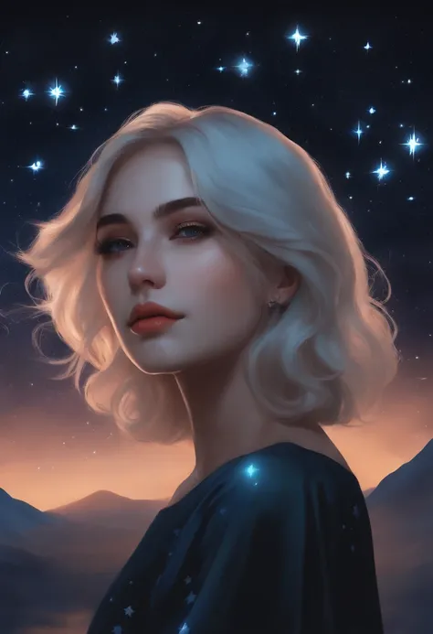 There is a woman with a face painted with stars and a moon, uma pintura digital inspirada em Ayami Kojima, Tumblr, realismo, ☁🌪🌙👩🏾, estrelas em seus olhos de olhar, anime vibes, on a galaxy looking background, Elogio Artstyle, realismoo artstyle, XQC, Insp...