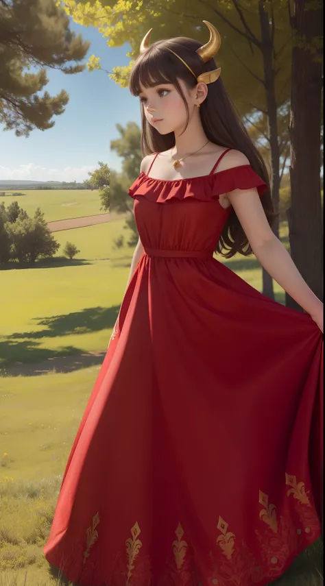 A young girl of the astrological sign of Taurus in a long red dress as cute as a Disney animal. Paysage prairie verdoyante et fleurit