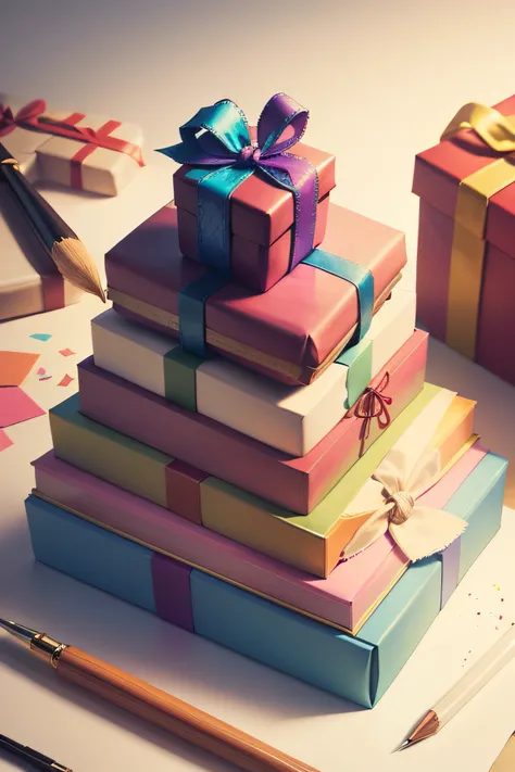 VARIOUS COLORFUL GIFT BOXES OF VARIOUS SIZES, DRAWING, WATERCOLOR ILLUSTRATION