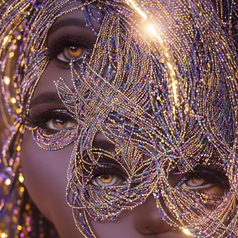 Close up of beautiful African woman dressed in African clothes and african beads, the sun glowing in the pupil of her right eye while the moon glows in the pupil of her left eye, beautiful and highly detailed eyes and facial features, background is a cryst...