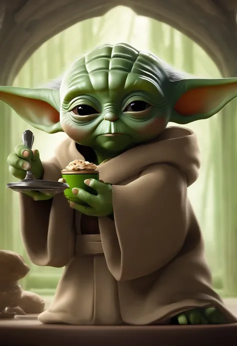 1 yoda bebe, verde claro, con el traje cafe, cartoon, orejas cortas, entrenando con una espada lacer en el templo jedi