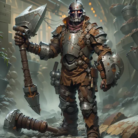 Handsome Warforged, (((tin funnel for hat))) rusty, ((lumberjack ax in his hand))