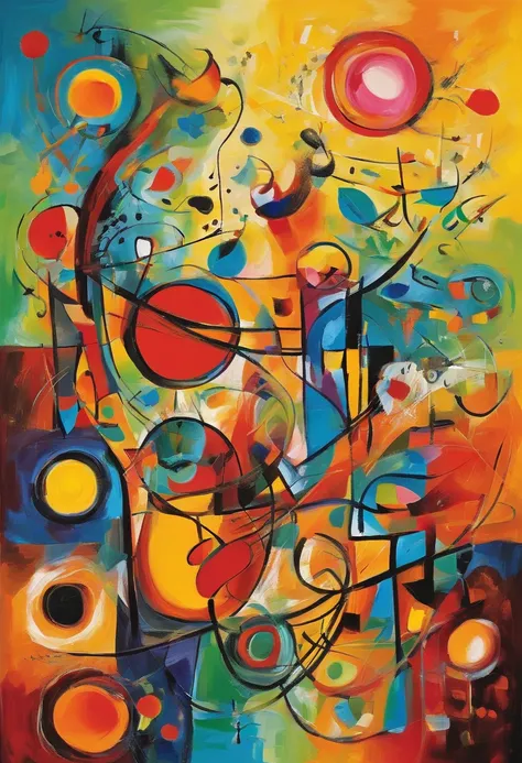 Capture the beauty of spring in an abstract painting in the style of Joan Miró, with a dynamic composition of bright colors and intricate shapes that draw the eye, with best composition, combine with Cubism details,inspired by Wassily Kandinsky