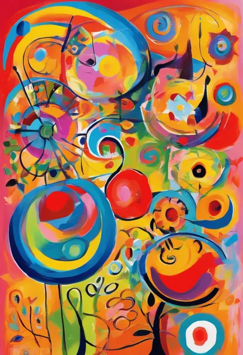 Capture the beauty of spring in an abstract painting in the style of Joan Miró, with a dynamic composition of bright colors and intricate shapes that draw the eye, with best composition, combine with Cubism details,inspired by Wassily Kandinsky