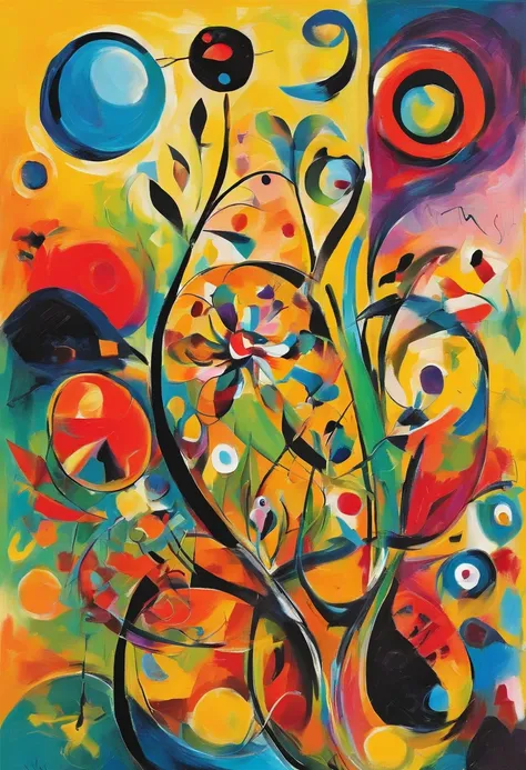 Capture the beauty of spring in an abstract painting in the style of Joan Miró, with a dynamic composition of bright colors and intricate shapes that draw the eye, with best composition, combine with Cubism details,inspired by Wassily Kandinsky