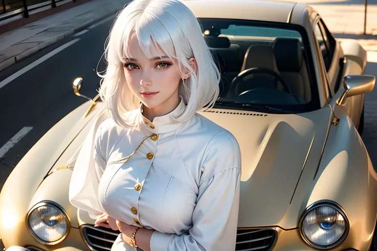 best quality, white hair, gold eyes, white clothes, looking up, upper body, hair strand, Fair skin, smiling, motor car