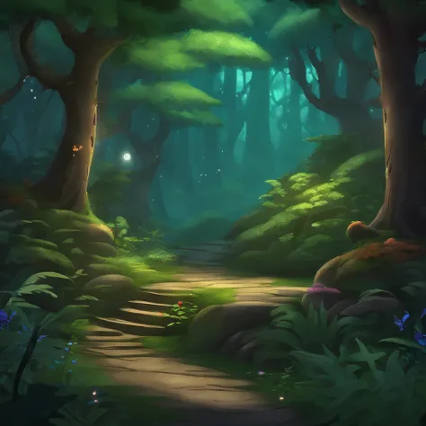 plataforma de jodo 2d, beautiful magical forest background, video game scenario