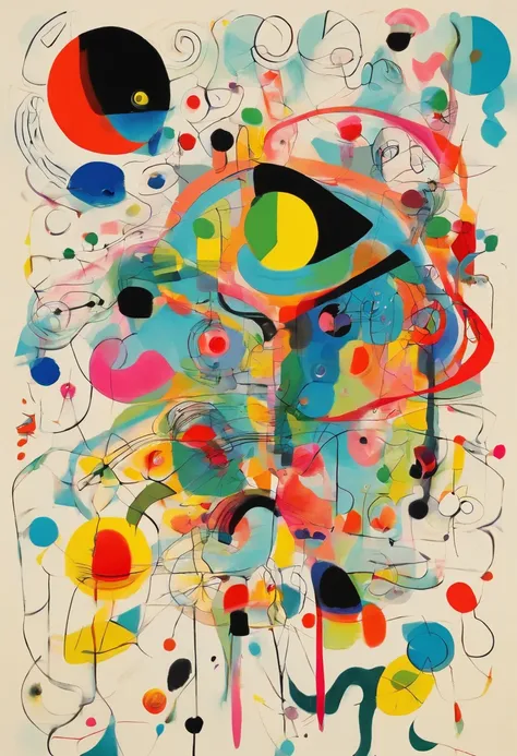 Capture the beauty of spring in an abstract painting in the style of Joan Miró, with a dynamic composition of bright colors and intricate shapes that draw the eye, with best composition, combine with Cubism details,inspired by Wassily Kandinsky