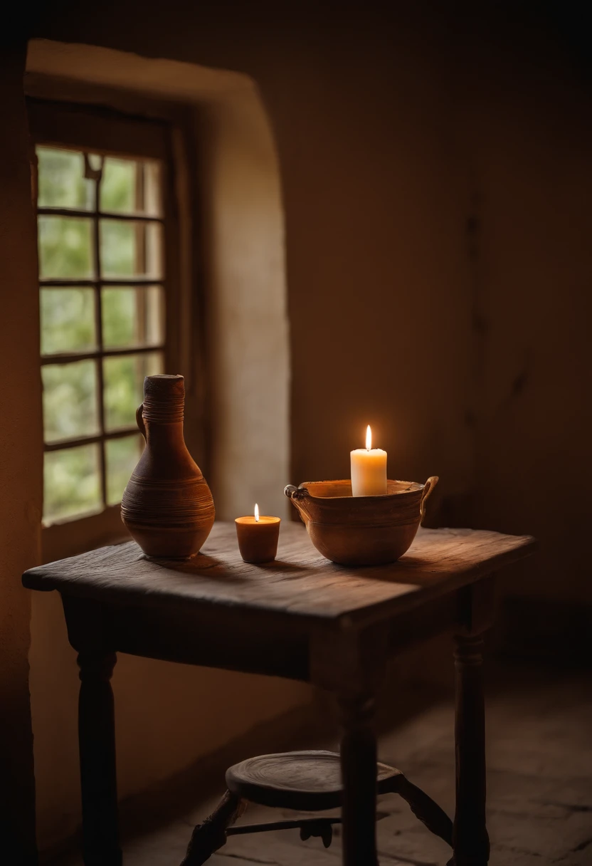 un botijo de agua, precioso, pintado, on a wooden table next to an empty plate and a jug and a clay cup, el ambiente es el de una casa oscura y poco iluminada, hay una silla de madera y esparto junto a la pared, a typical house of humble people of the sixt...