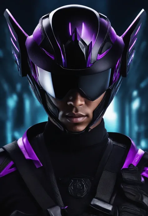 crie um homem ninja roxo futurista estilo mortal kombat que usa um capacete de moto roxo com visor preto, a black ponytail on the head behind that helmet. He has an outfit reminiscent of that of a futuristic samurai and is on top of a motorcycle.