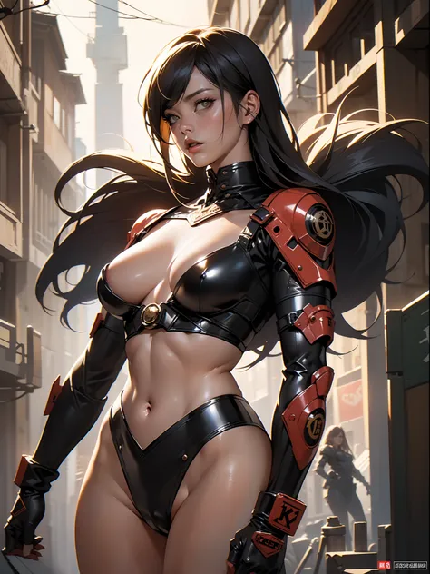 ((top-quality、8K、32K、​masterpiece、nsfw:1.3)), (superfine illustration)、(超A high resolution), (((adult body))),  25-year-old cyberpunk girl with a perfect body standing in dark filthy alleyway, Shoulder and arm armor, Almost naked in Simon Bisleys urban sav...