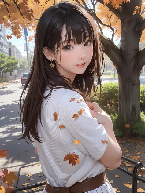 (1girl:1.3), (photorealistic:1.4), (masterpiece, top quality, best quality, official art), extreme detailed, highest detailed, (ultra-detailed), ((an extremely delicate and beautiful)), dappled sunlight, falling dry leaves, contemporary, silky long hair, (...