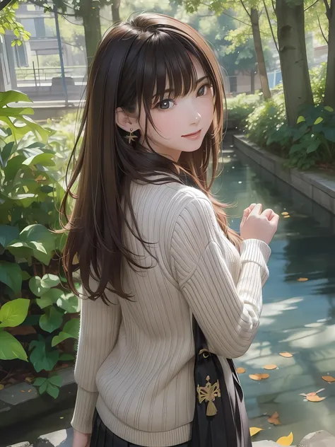 (1girl:1.3), (photorealistic:1.4), (masterpiece, top quality, best quality, official art), extreme detailed, highest detailed, (ultra-detailed), ((an extremely delicate and beautiful)), dappled sunlight, falling dry leaves, contemporary, silky long hair, (...