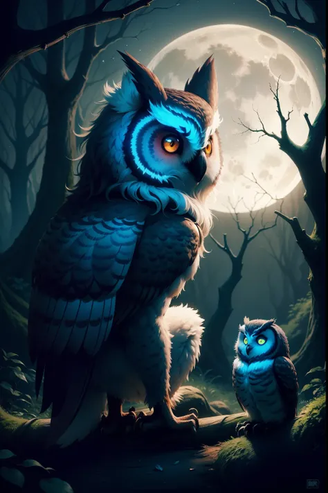 cute owl in the dark wood, werewolf and big moon