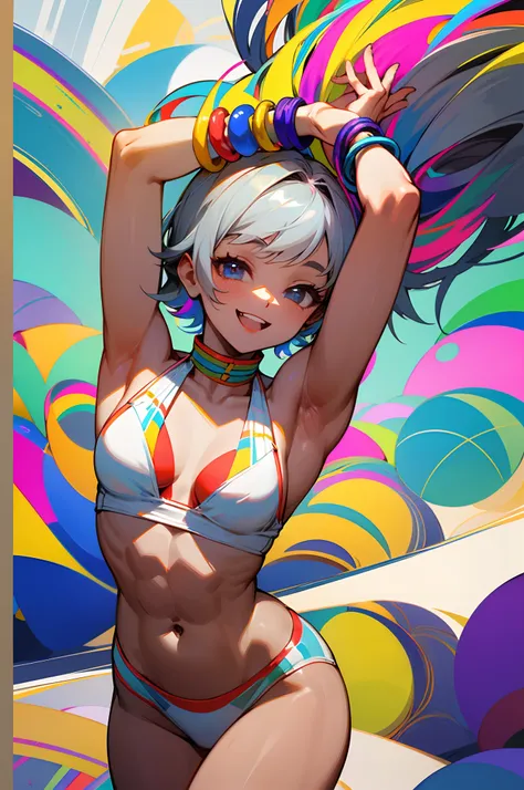 (Best Quality, hight resolution:1.2, Ultra-detailed),Short cut gray hair girl、She is 20 years old、brown skinned、Wearing a white bikini、slender muscular body、bare-legged、Colorful bracelets、Colorful anklets、Smile cheerfully、Laugh、Dance cheerfully