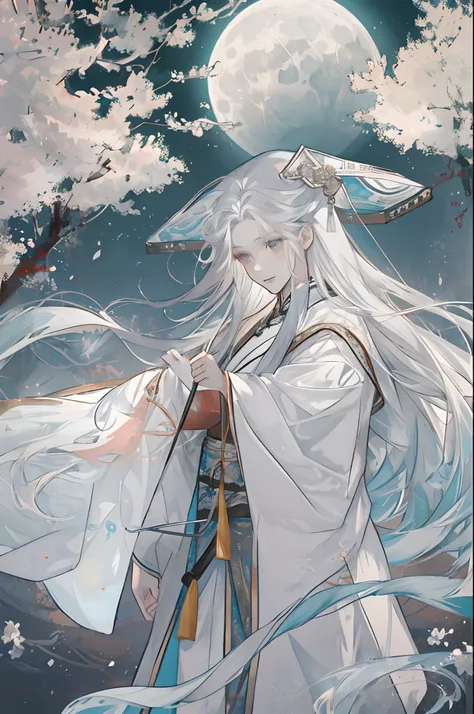 The male，Male，White Hanfu，long  white hair，Long flowing hair，Wide robe with large sleeves，Ancient wind，Solid color clothes，The clothes do not have any patterns，laughingly，softlighting，water ink，Behind it is the full moon，low-saturation，low-contrast，led flo...