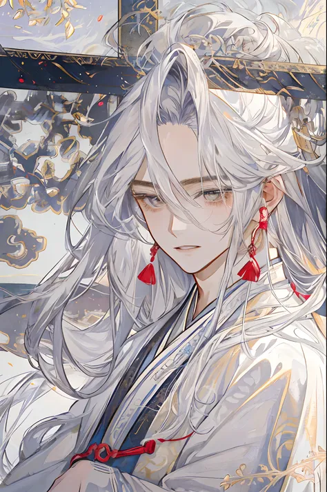 the male，male，white hanfu，long  white hair，long flowing hair，wide robe with large sleeves，ancient wind，solid color clothes，the c...