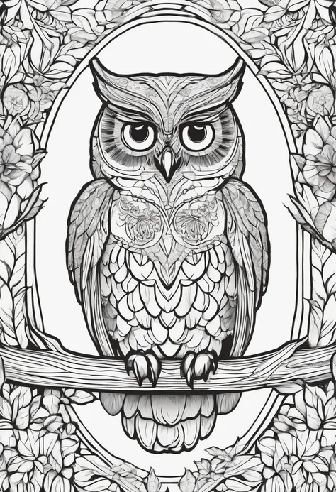 owl coloring book in the forest,cartoon style,thin lines, no color, white background, strokes only