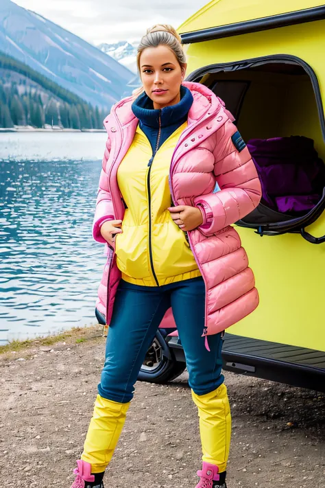 Make a woman with big breast, Pink long winterjacket , with open zipper, with face, body, Lakeside house, travel bag, yellow pants, camper, dog