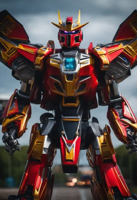 Make an image of a megazord-like robot, formado com carenagens de moto.