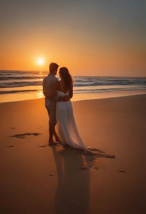 couple on the beach, beautiful, sunset, brown hair, young