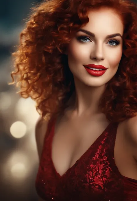 best quality,masterpiece:1.2,portrait,digital art,glamourous woman,detailed eyes,detailed lips,sexy smile,curly red hair,fierce expression,
bright colors,studio lighting,abstract background,highres,vivid colors,sharp focus