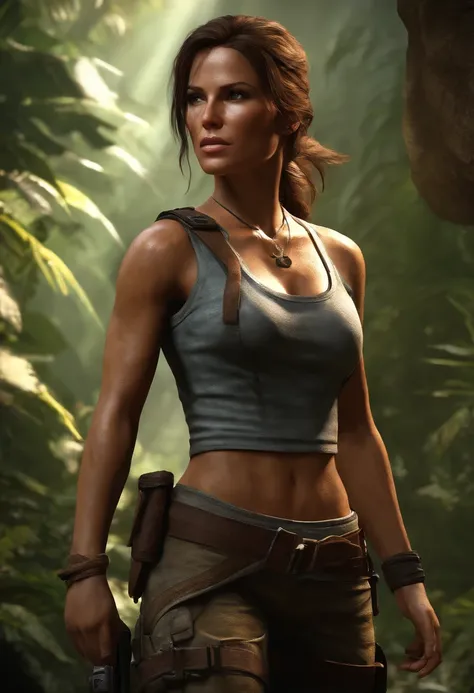 a detailed illustration of Lara Croft, in a 3D rendered style,strong,dynamic and confident pose,with her signature dual pistols,exploring ancient ruins,exotic landscapes and mystical artifacts,adventure,fierce determination,extraordinary acrobatics,with re...