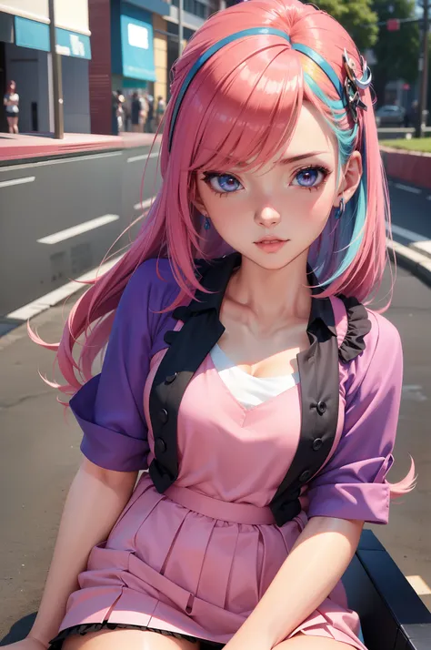 (hetetocromia),Menina anime com cabelo rosa e camisa azul segurando uma bola de futebol, photorealistic anime girl rendering, render de uma menina anime 3d bonito, 8k portrait render, Estilo anime 3D realista, Marin Kitagawa Fanart, close up de uma jovem g...