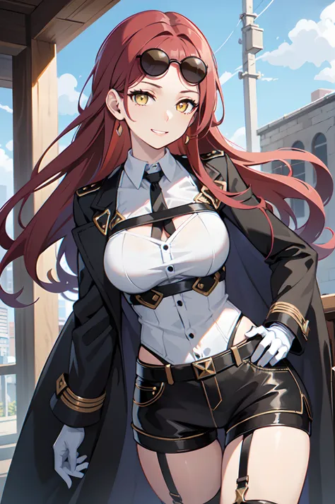 1girl, young woman, solo, long hair, big hair, (forehead:1.13), (round sunglasses:1.2), yellow eyes, scarlet red hair, medium breasts, grin, (overcoat, black coat, open coat:1.2), white shirt, collared shirt, (chest harness, shoulder strap:1.15), black lea...