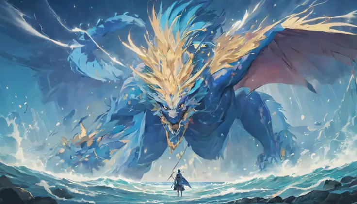 Giant blue creature emerging from the sea and warrior looking from the top of the mountain, Best quality, Masterpiece