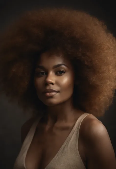 there is a woman with a very large afro hair posing for a picture, a digital rendering by Juan OGorman, shutterstock contest winner, afrofuturism, afro, afro hair, with textured hair and skin, with afro, light-brown skin, brown skin. light makeup, mixed-ra...