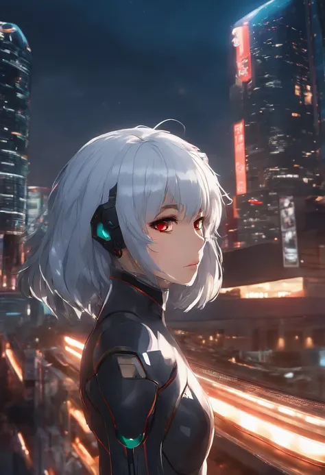 rei ayanami,near her EVA 000,anime realism(highres,ultra-detailed,photorealistic:1.37),detailed eyes,detailed lips,clean white hair,sad expression,black plugsuit,powered on EVA,tokyo cityscape background,neon lights,glowing red eyes,mecha details,shiny met...