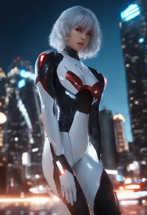 rei ayanami,near her EVA 000,anime realism(highres,ultra-detailed,photorealistic:1.37),detailed eyes,detailed lips,clean white hair,sad expression,black plugsuit,powered on EVA,tokyo cityscape background,neon lights,glowing red eyes,mecha details,shiny met...