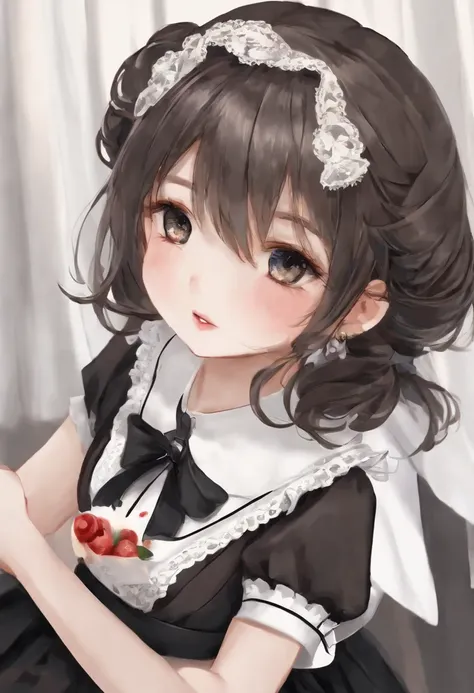 ((beautiful maid:1.5),high resolution, top quality),wearing maids uniform,soft hands, big bright eyes, dark and vibrant curled hair, sweet smile, rosy cheeks, soft light, pure white background.