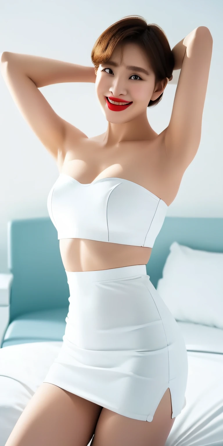 White Enamel Bodycon、Bob Hair、red lipsticks、a miniskirt、Full smile、Armpit、skirt lift、hospital bed