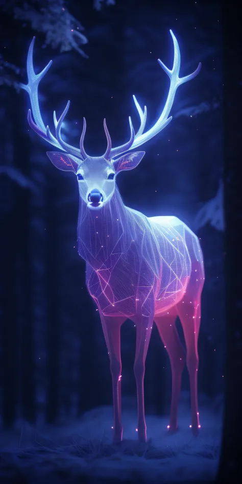 a close up of a deer with glowing antlers in a forest, 3d digital art 4k, digital art animal photo, digital artwork 4 k, holographic creatures, 4k highly detailed digital art, 8k high quality detailed art, 4k detailed digital art, 8 k ultra realistic anima...