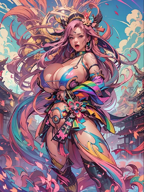 (((vulgarity shop))),(super huge gigantic breast:1.4),Rainbow-coloured samurai woman