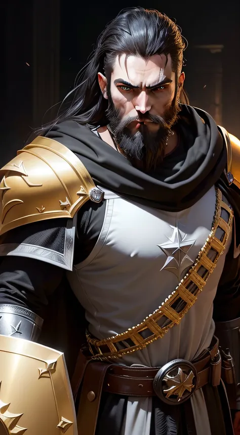 Generate the image of a badass Knight Templar with black hair and beard in black armor with golden details and a white cape and brown eyes without the golden symbol on the chest