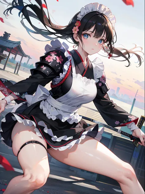 Best Quality, (Extremely detailed: 1.5), masutepiece, 超A high resolution,(photographrealistic:1.4), 1 beautiful girl, Cowboy Shot, (Wear battle armor:1.4), (Wear battle armor:1.6), (Floral part Terund black kimono:1.6), (maid:1.6), Black Maid Micro Skirt, ...