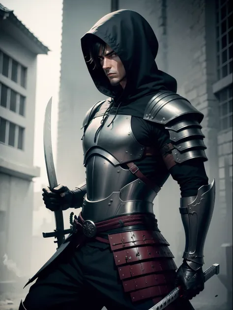 Homem de 25 anos. He is a short-haired killer in action wielding two katanas. His armor is a hooded coat. O casaco cobre todo o seu peitoral. obra-prima. capa de jogo. estilo arte conceitual. Foto mostra o corpo todo do assassino.