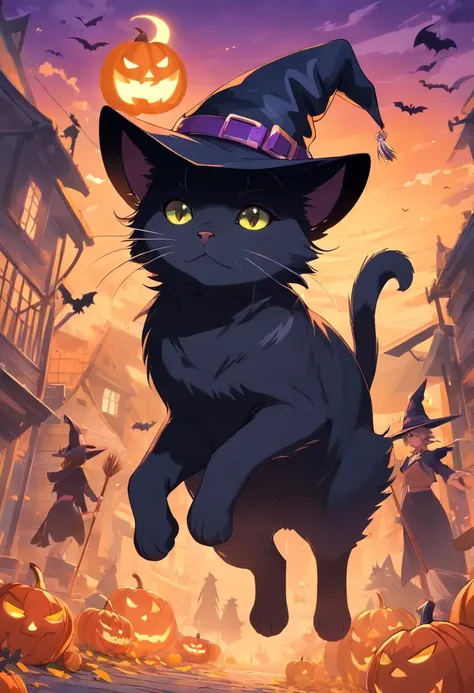 a black cat with black eyes, a serious look
in a Halloween hat, a background with witches on broomsticks flying through the air., Mysterious