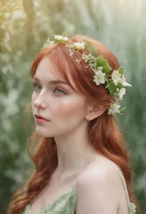 (watercolor: 1.2), elf princess, flower, freckles, bangs, redhead, long hair, green eyes, hair between eyes, flower earrings, blurred background, high resolution