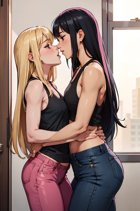 A long hair blonde girl wearing pink tank top and blue pants kissing with tongue a girl with black hair with bangs wearing black sweatshirt and black pants, 2 girls