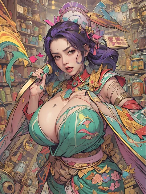 (((vulgarity shop))),(super huge gigantic breast:1.4),Rainbow-coloured samurai woman