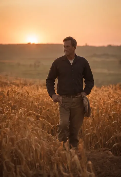 Silhouette of a man working in fields, against radiant sunset, captured from a distance, vast farm and sky dominating the frame, lone farmers sharply defined outline, warm golden hues, dedicated labor, breathtaking sunset, descending sun, colorful sky, dra...